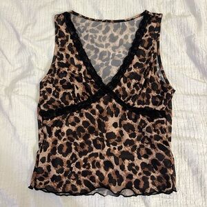 Leopard Print Lace Trim Blouse